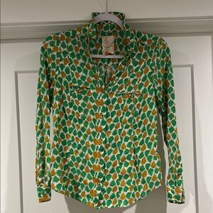 Anthropologie Green and Yellow Long Sleeve Button Down Shirt with Notched Collar